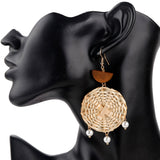 Wooden Fringed Round Earrings with Pearl